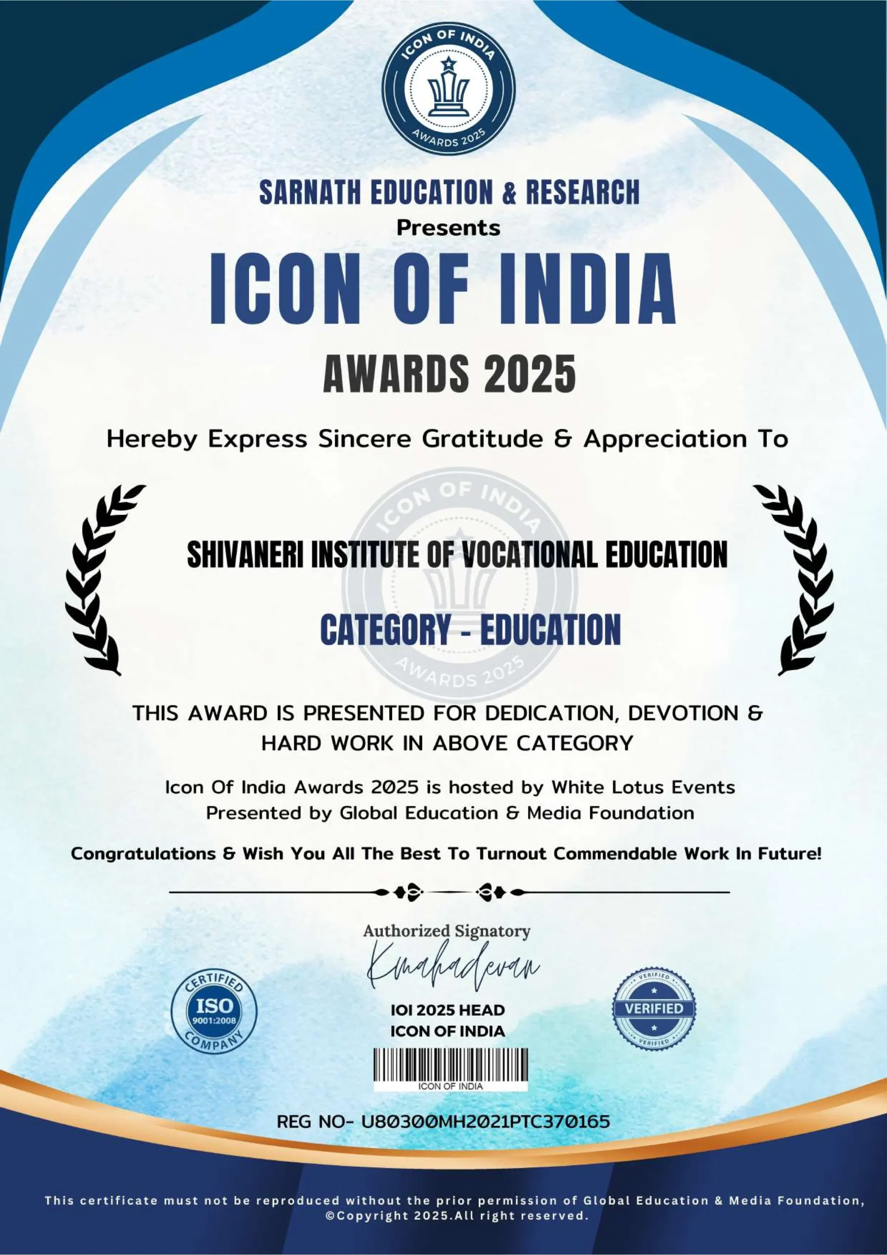 Icon of India Certificate