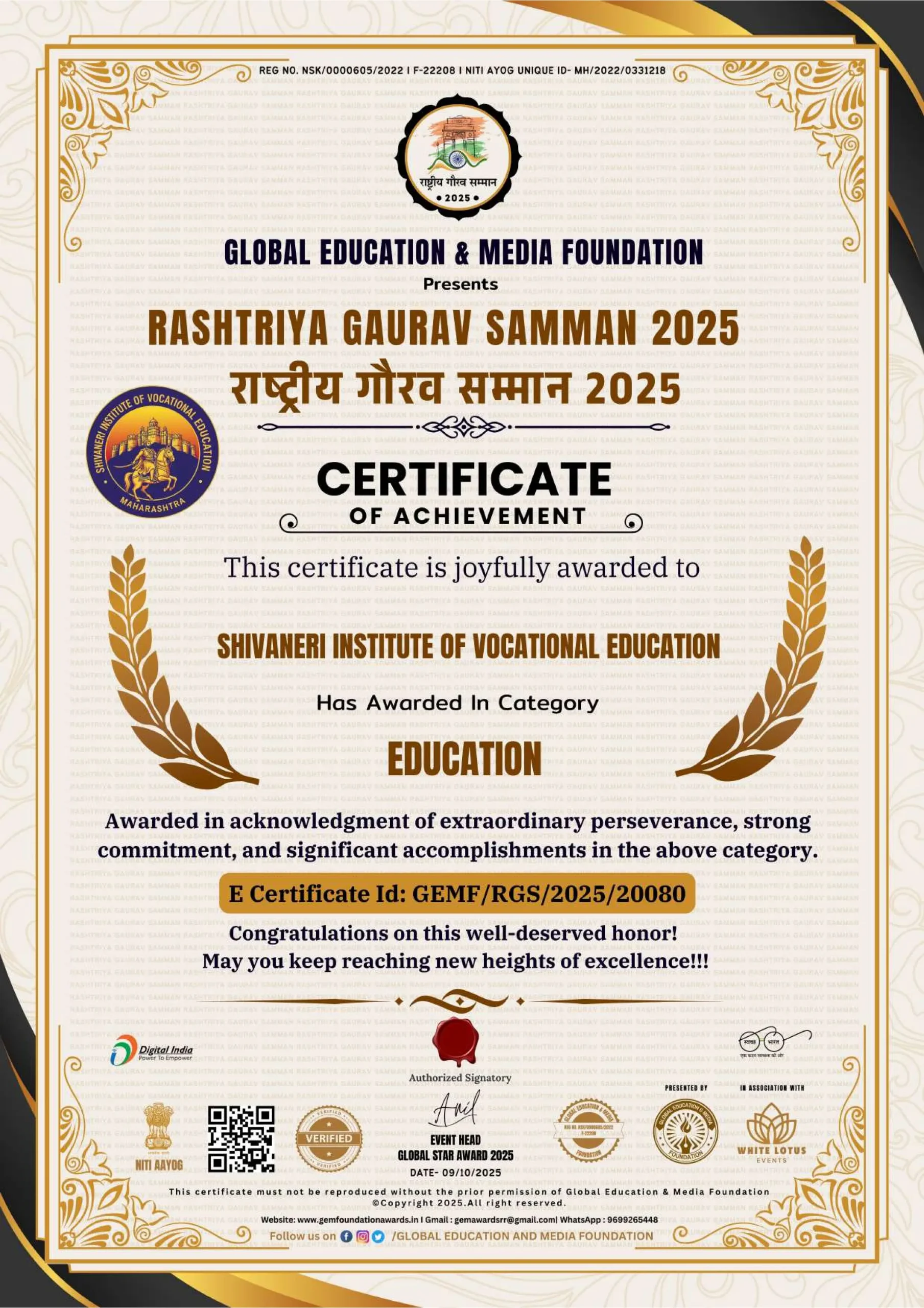 Rashtriya Gaurav Samman Certificate 2025